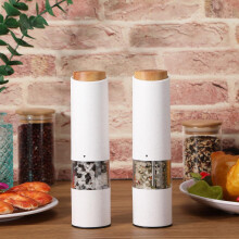 Electric Salt & Pepper Grinder Set, 2-Pack, Portable Spill-Proof Base, Adjustable Coarseness, LED Light, Wheat Straw Body, Battery Operated (White)