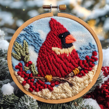 DIY Punch Needle Kit: Red Cardinal on Berry Tree – Easy for Beginners, Stamped Pattern, Hoop Included – Compatible with Punch Needle Tools