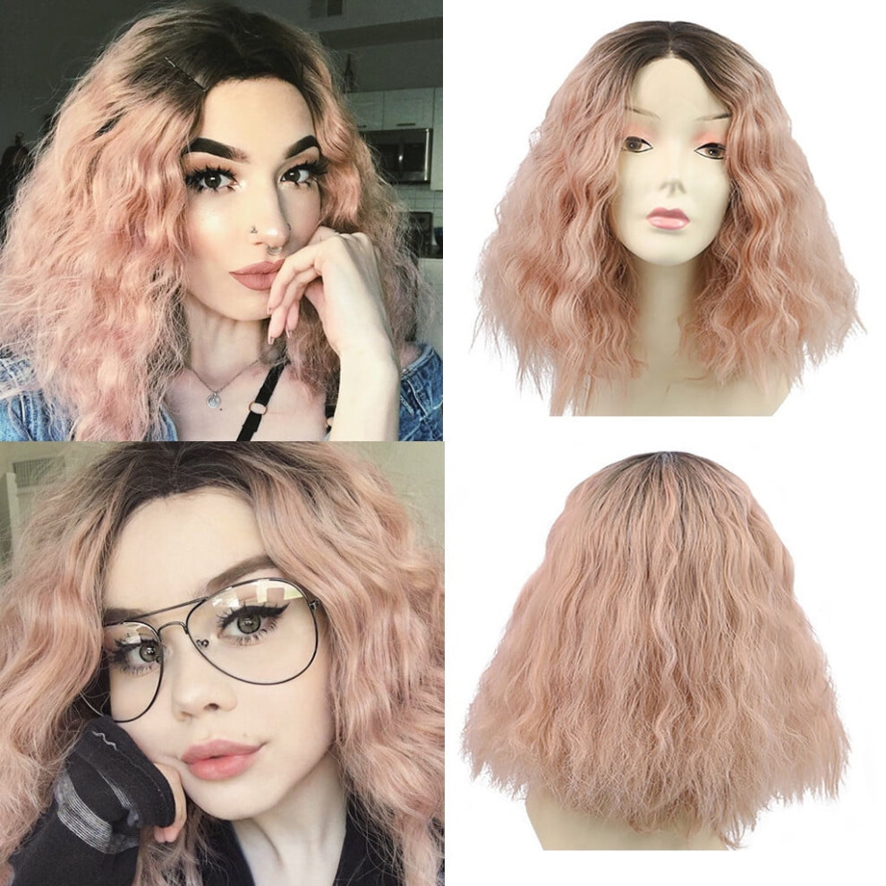 Human Hair Wigs For Women Black Color Natural Lace Hair Pink Short Wave Curly Hair Wig Synthetic Water Wave Curly Long