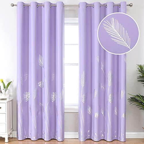 Lilac blackout curtains with silver palm pattern, grommet