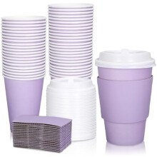 50 Set Easter Light Purple Disposable Coffee Cups with Lids and Sleeves 12oz Purple Insulated Paper Cups To Go Cups for Hot Cold Beverage Drinks