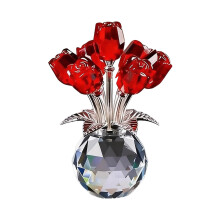 Estatueta de rosa de cristal vermelha com vaso, feita à mão, 7,6 x 3,8 x 10,4 cm