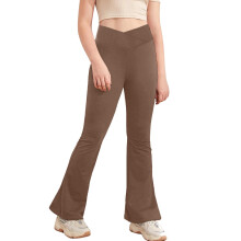 Girls High Waisted Flare Pants – Bootcut Bell Bottom Leggings for Dance & School, Compatible with Kids 5-6Y, Brown
