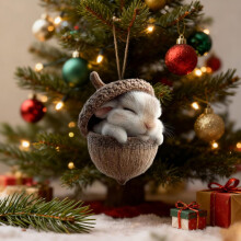 Pine Cone Animal Ornament, Woodland Acorn Forest Decor for Christmas Tree – 2D Acrylic Sleeping Bunny (Brown), Holiday Home Keepsake Gift