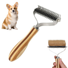 Bamboo Pet Comb for Dematting & Shedding – Double-Sided Grooming Brush with 3 Heads, Natural Bamboo Handle & Metal Teeth (7.32")