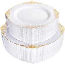 102PCS White & Gold Plastic Plates – Heavy Duty Disposable, 51x7.5" Dessert + 51x10.25" Dinner Plates for Weddings & Thanksgiving