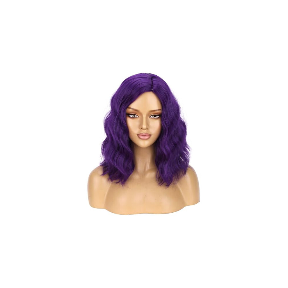 Purple curly wavy synthetic wig for women, heat resistant