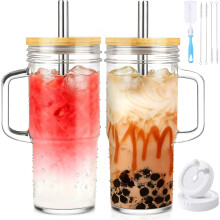 Gobelet en verre côtelé de 710 ml avec couvercle et paille, lot de 2 gobelets réutilisables avec poignée – Convient pour les smoothies, le