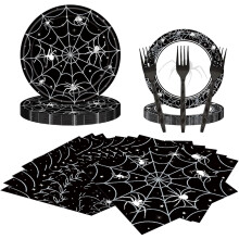 Ensemble de vaisselle jetable 80 pièces pour Halloween, motif toile d'araignée : assiettes, serviettes et fourchettes – Idéal pour Halloween et