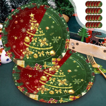 Christmas Paper Plates 20pcs Disposable Red Green Gold Party Plates Set for Holiday Events, Festive Tree Pattern Tableware