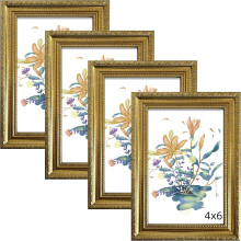 Cadre photo 10x15 cm doré avec verre véritable, style vintage orné, pour décoration murale ou de table, lot de 4