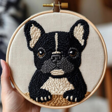 Cartoon Baby Black French Bulldog Punch Needle Kit for Beginners – DIY Embroidery Set with Printed Pattern, Hoop & Yarn (20x20cm), Compatible with