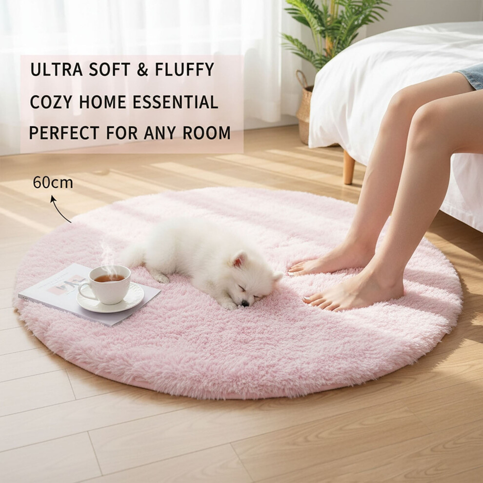 Pink Fluffy Round Shag Rug, Soft Plush Circle Area Rug for Girls' Bedroom, Nursery & Dorm—Non-Slip Cozy Floor Rug