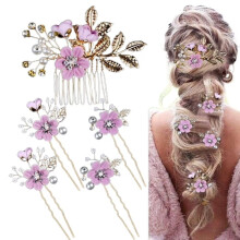 5PCS Lilac Purple Rhinestone & Pearl Hairpins Set – Floral Bridal Hair Clips for Bride, Bridesmaids, Party (Compatible with Wedding Themes)