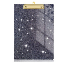 Acrylic Clipboard with Glitter Laminated Surface & Gold Clip, Holds 80 Sheets, Retractable Wall Hook – Compatible with Office Use