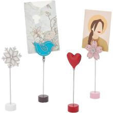 4 Tischbilderhalter (Vogel/Blume/Herz/Schneeflocke) mit farbigem Metallsockel – Tischkarten für Hochzeiten, Weihnachten und Partys