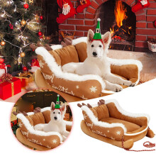 Weihnachtsschlitten-Hundebett – Lustiges, warmes Haustierbett mit Weihnachtsmann-Motiv, abnehmbares, waschbares Plüschsofa, rutschfeste