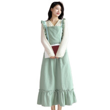 Washed Cotton Ruffled Long Apron for Women X-Back Pinafore