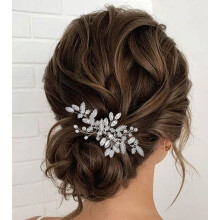Blattförmiger Braut-Haarkamm mit Strass und Perlen, Haarschmuck mit Blumenmuster, Kristall-Haaraccessoires für Damen und Mädchen (1-Silber)
