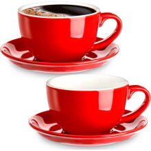 2-Pack 8.5 oz Ceramic Cappuccino/Latte Cups with Saucers, Glossy Red Espresso Cups for Coffee, Mocha, Tea – Compatible with Standard Cafes