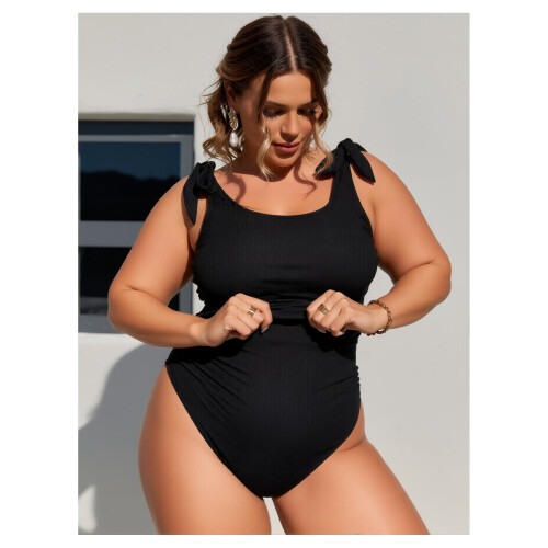 Black ribbed plus size one-piece swimsuit with bow 2