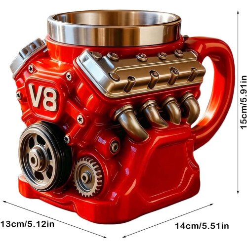 V8-motor kaffekrus rustfritt stål 3D Retro 355 ml 1