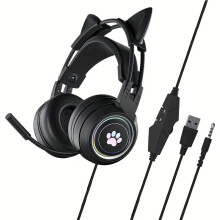 G25Cute Gaming-Headset mit Katzenohren, RGB-Beleuchtung, 50-mm-Treibern, leichter Aufhängung, 3,5-mm-/USB-Anschluss, Pink – PC-kompatibel