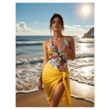 Dame badedragt med blomsterprint, høj hals og sarong; badedragt til tropisk ferie, strand, pool, sommer