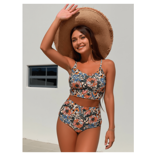 Ολόσωμο μαγιό με φλοράλ halter – Σετ μπικίνι vintage με ψηλή μέση, ρετρό σχέδιο
