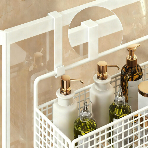 Over-the-Door Storage Rack White Metal 2 Baskets Hooks 2