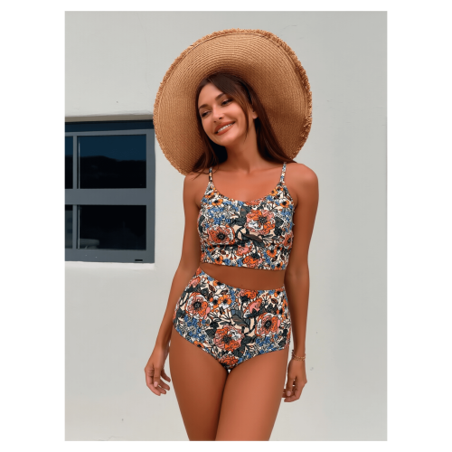 Ολόσωμο μαγιό με φλοράλ halter – Σετ μπικίνι vintage με ψηλή μέση, ρετρό σχέδιο 2