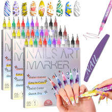 12 Colors Nail Art Pens Set - 2026 Upgraded 3D Nail Art Markers for Kids, 0.5mm Diy Nail Doodle Pens for Girls with Nail Buffing Tools (3 Sets)