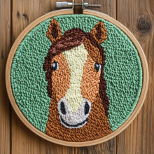 DIY Punch Needle Kit: Cute Brown Horse on Green, Easy for Beginners, Includes Hoop & Yarn – 20x20cm Embroidery Set