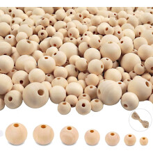 950 cuentas de madera natural sin acabado (6-20 mm, 7 tamaños) para manualidades, macramé, joyería, guirnaldas y decoración rústica DIY.