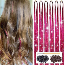Kit de extensiones de cabello con purpurina rosa roja con herramienta, 6 unidades, 1200 mechones, extensiones de cabello con purpurina brillante,