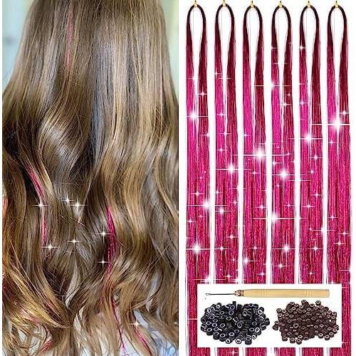 Σετ με κόκκινα μαλλιά, extensions με glitter και εργαλεία, 600 κλώνοι, 47 ίντσες