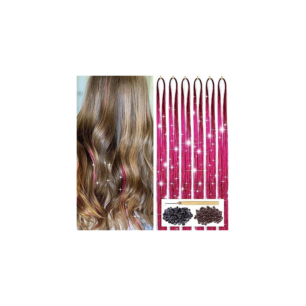 Unisex Red Rose Hair Tinsel Kit With Tool 6 Count 1200 Strands Tinsel Hair Extensions Sparkling Shiny Glitter Fairy Hair For Women Girls 47Inch