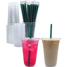 Kirkkaat muovimukit kansilla ja pillillä 16oz 25settia