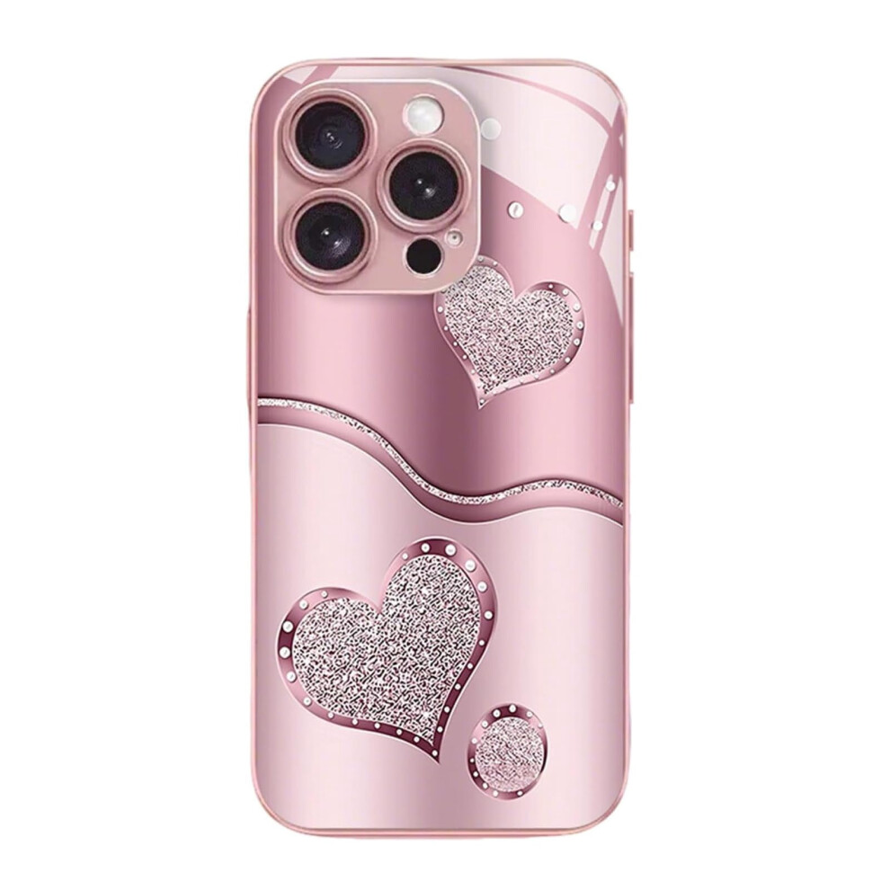 Curve Double Heart Hard Case Compatible With Iphone 16 Pro & 16 Pro Max, Sparkling Tempered Glass Pink 9422877912308