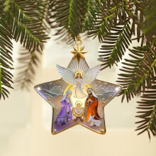 Nativity Star of Bethlehem Ornament, Faux Stained Glass Acrylic, 3.14", Manger Scene, Christian Christmas Tree Decor, Gold