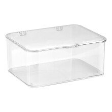 Small Stackable Clear Organizer Bin (9"x7.5"x4") with Hinged Lid – Home, Office, Kitchen, Bathroom, Pantry & Desk Storage – Compatible with