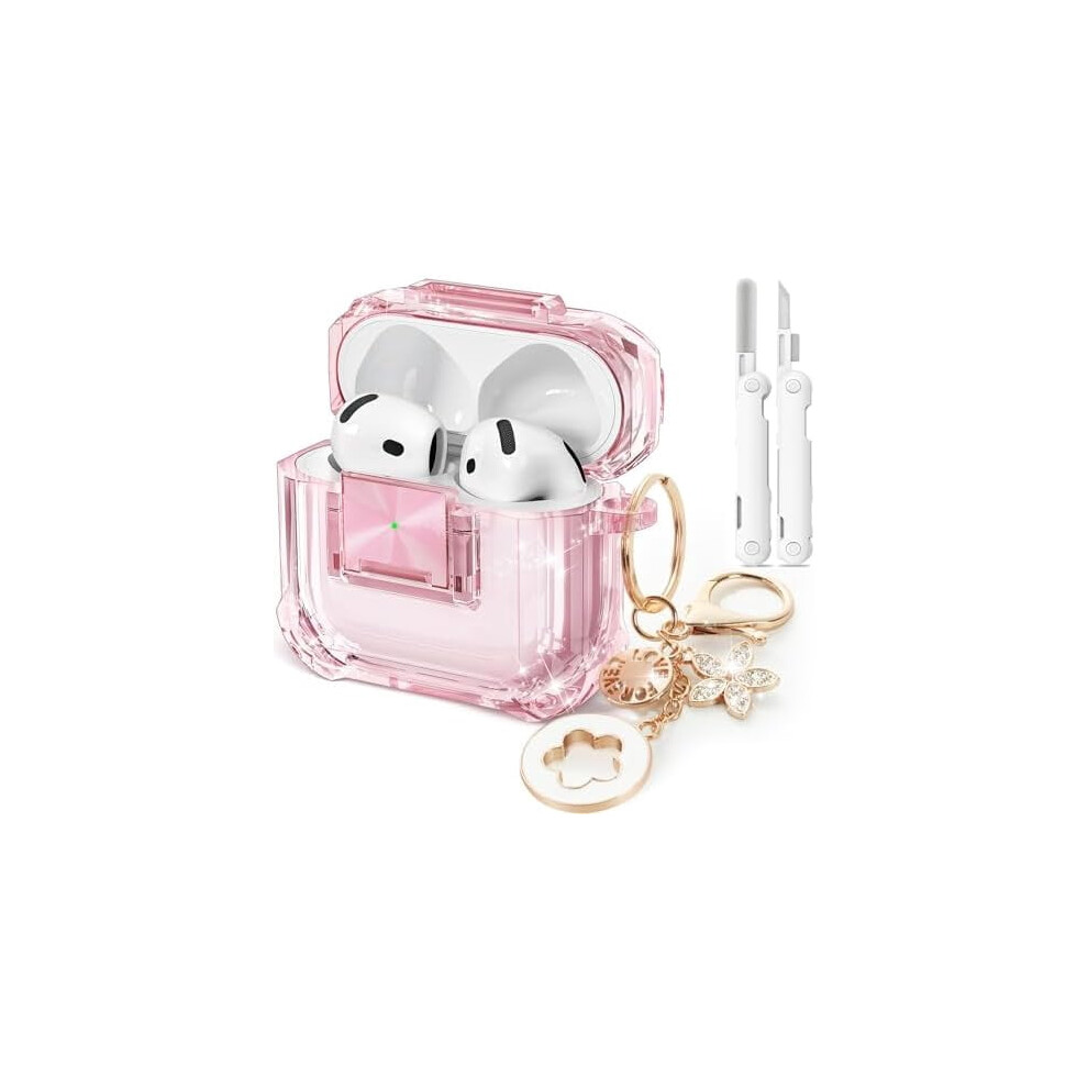 Clear Soft Tpu Case For Airpods 4 (2024), With Safety Lock, Bling Keychain & Cleaner Kit – Pink 9399596155425