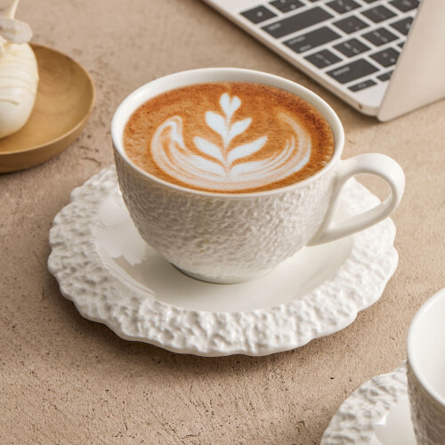 2-Piece Ceramic Tea Cups & Saucers, Stackable Espresso Cups, Compatible with Coffee, Latte, Americano, Tea