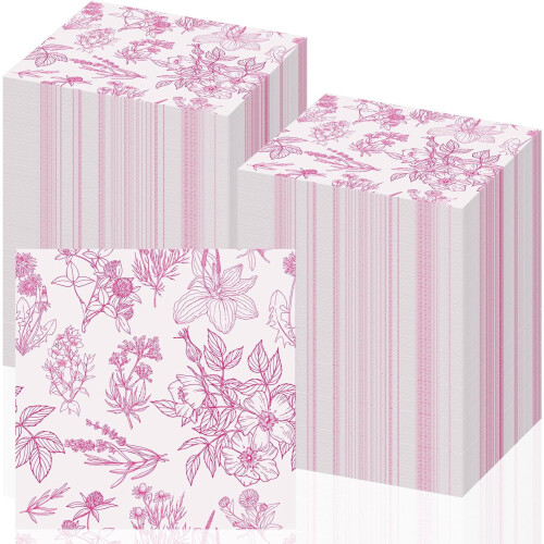 Pink blomsterpapirservietter, 200 stk.