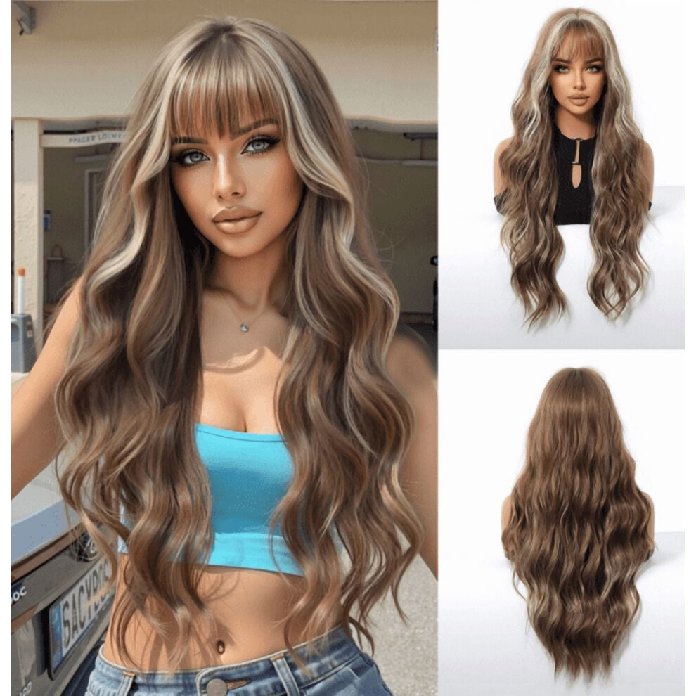 28" Curly Bangs Wig, Fluffy Wavy, Soft High-Temp Silk, Brownish Silver, Cosplay Ready, 1pc, Compatible with Most Head Sizes