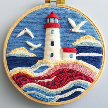 DIY Punch Needle Kit: Seaside Lighthouse & Seagulls – Easy for Beginners, Stamped Pattern, Hoop Included – Craft & Home Decor