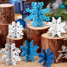 Ensemble de 6 décorations de table en bois 3D à paillettes bleues et blanches en forme de flocons de neige – 12 pièces pour centre de table de