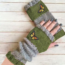 Manchons de gants sans doigts pour femmes, verts, matelassés et brodés