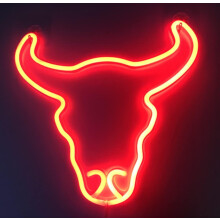 Applique murale LED néon en forme de tête de taureau, alimentée par piles ou USB