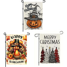 Lot de 3 drapeaux de jardin double face 30 x 45 cm : citrouille d’Halloween, dinde de Thanksgiving et sapin de Noël – Décoration extérieure,